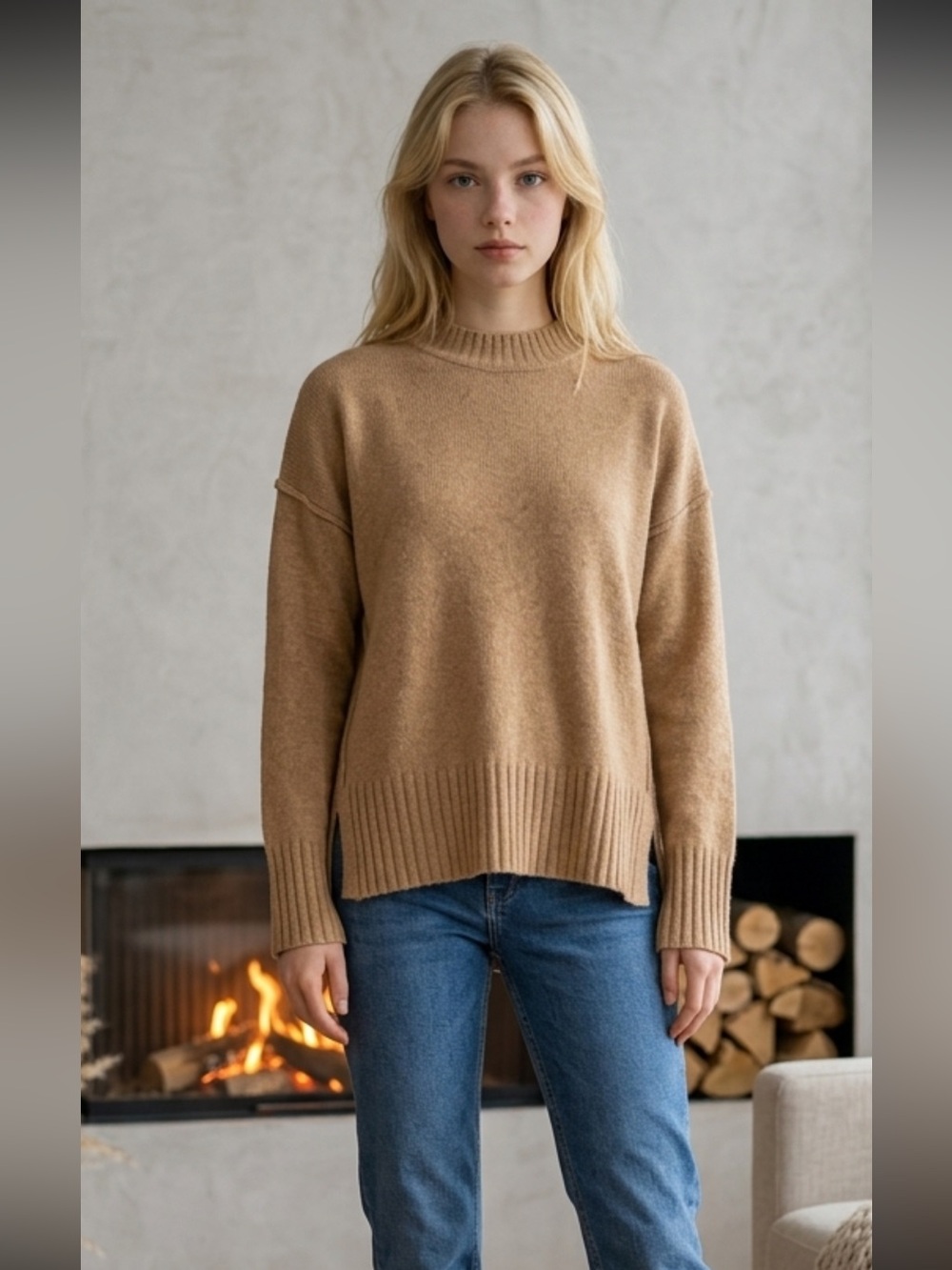 Free People Camel Crewneck Ribbed Hem Wool Blend Oversized Sweater